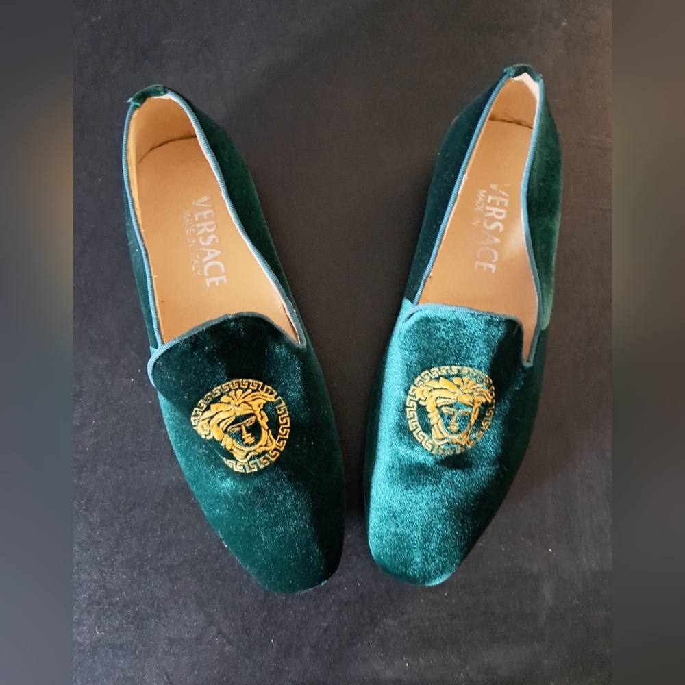 Versace Emerald Velvet Slip-Ons with Gold Emblem,NWOT,REASONABLE OFFERS ACCEPTED